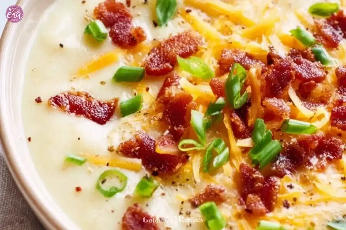 Delicious bowl of loaded potato soup topped with cheese and bacon