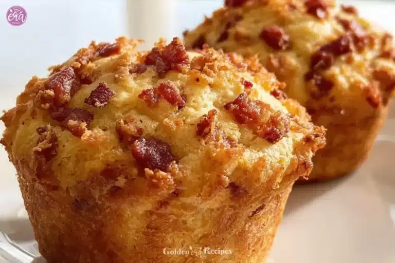 Delicious Maple Bacon Pancake Muffins topped with crispy bacon and maple syrup