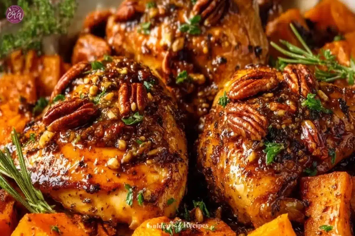 Maple-glazed chicken served with roasted sweet potatoes on a plate