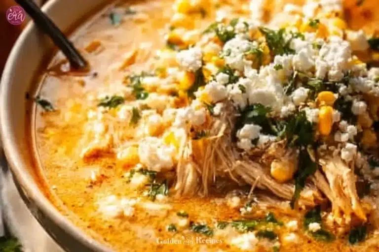Bowl of creamy Mexican street corn soup garnished with cilantro and lime.