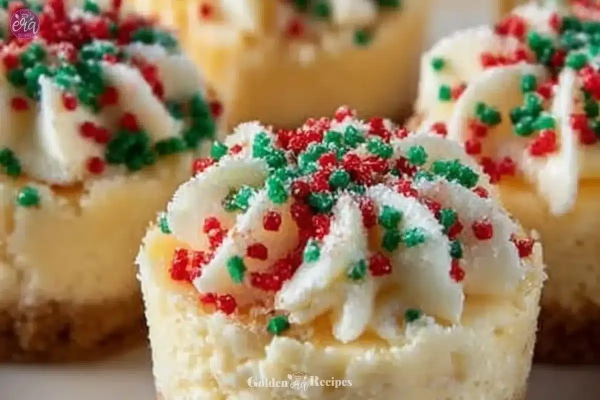Mini Christmas cheesecakes topped with festive decorations on a holiday platter.
