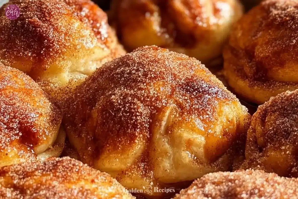 Delicious caramel apple pie bombs served on a rustic wooden table