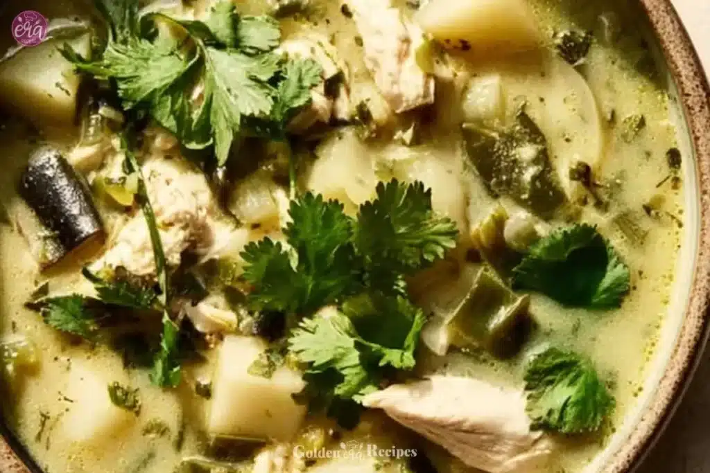 Bowl of mouthwatering roasted poblano soup garnished with fresh herbs