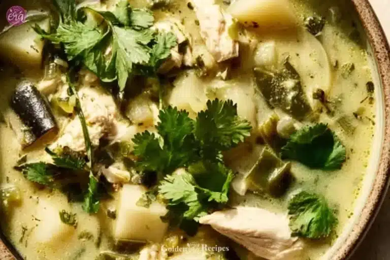 Bowl of mouthwatering roasted poblano soup garnished with fresh herbs