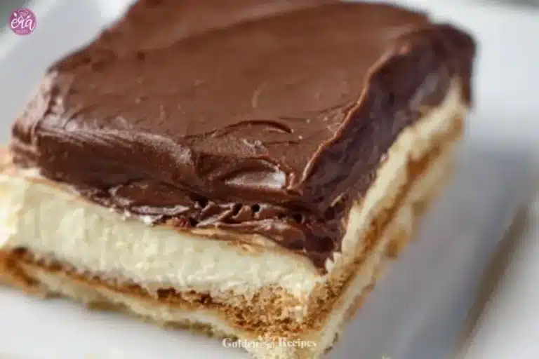 No-Bake Chocolate Eclair Cake topped with chocolate glaze and cream filling