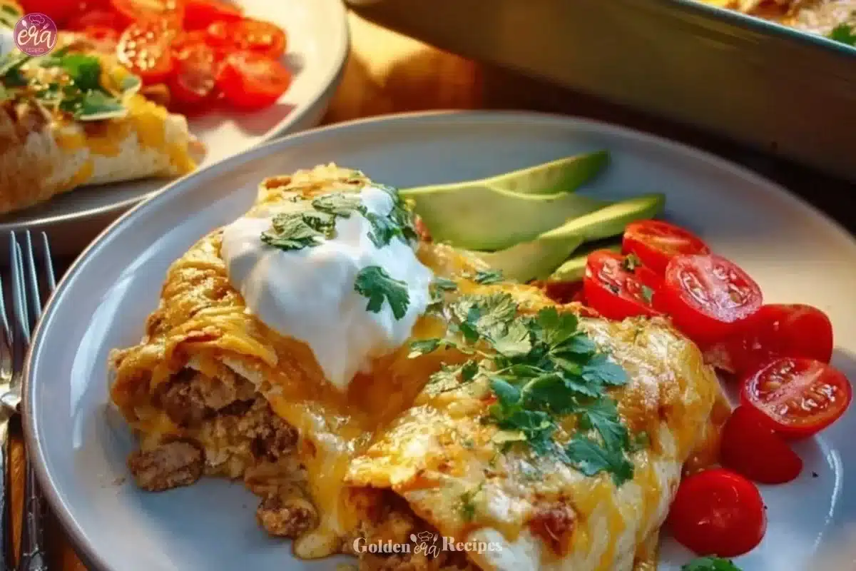 Delicious overnight breakfast burrito casserole served on a plate.