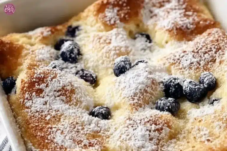 Delicious pancake casserole baked with syrup and berries