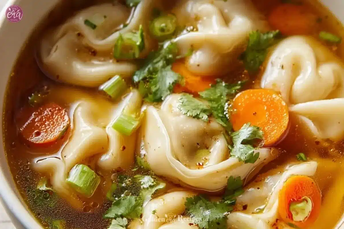 A steaming bowl of Potsticker Soup garnished with green onions and herbs.