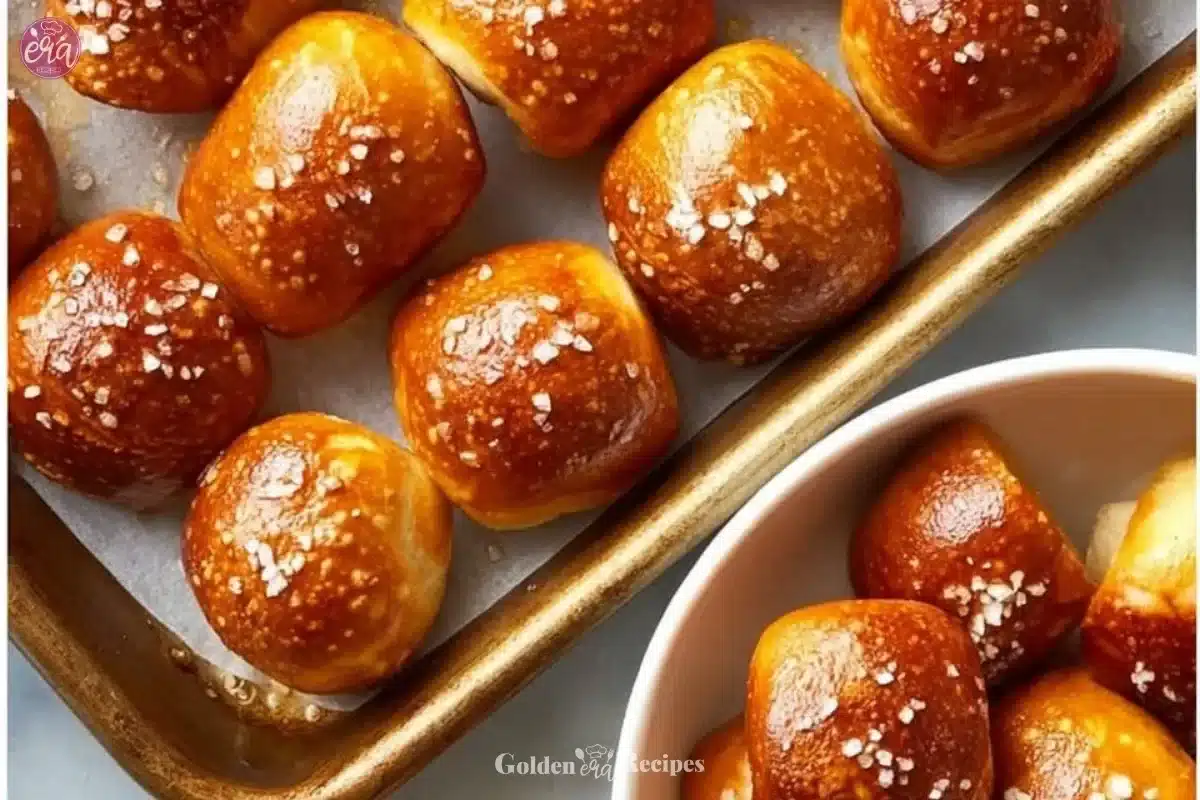 Freshly baked pretzel bites served with mustard dip