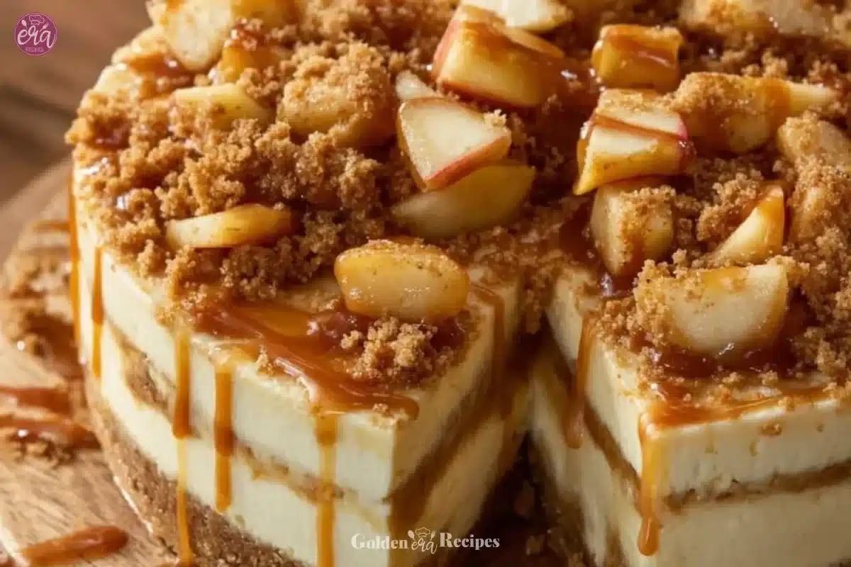 Delicious salted caramel apple pie cheesecake topped with caramel drizzle and apple slices