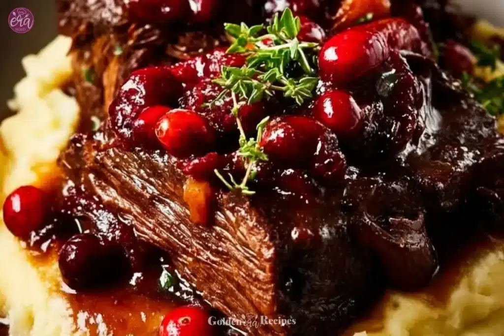 Slow-braised beef roast with cranberry balsamic glaze on a serving plate