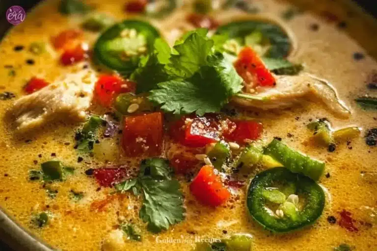 Bowl of spicy jalapeño popper chicken soup topped with cheese and jalapeños