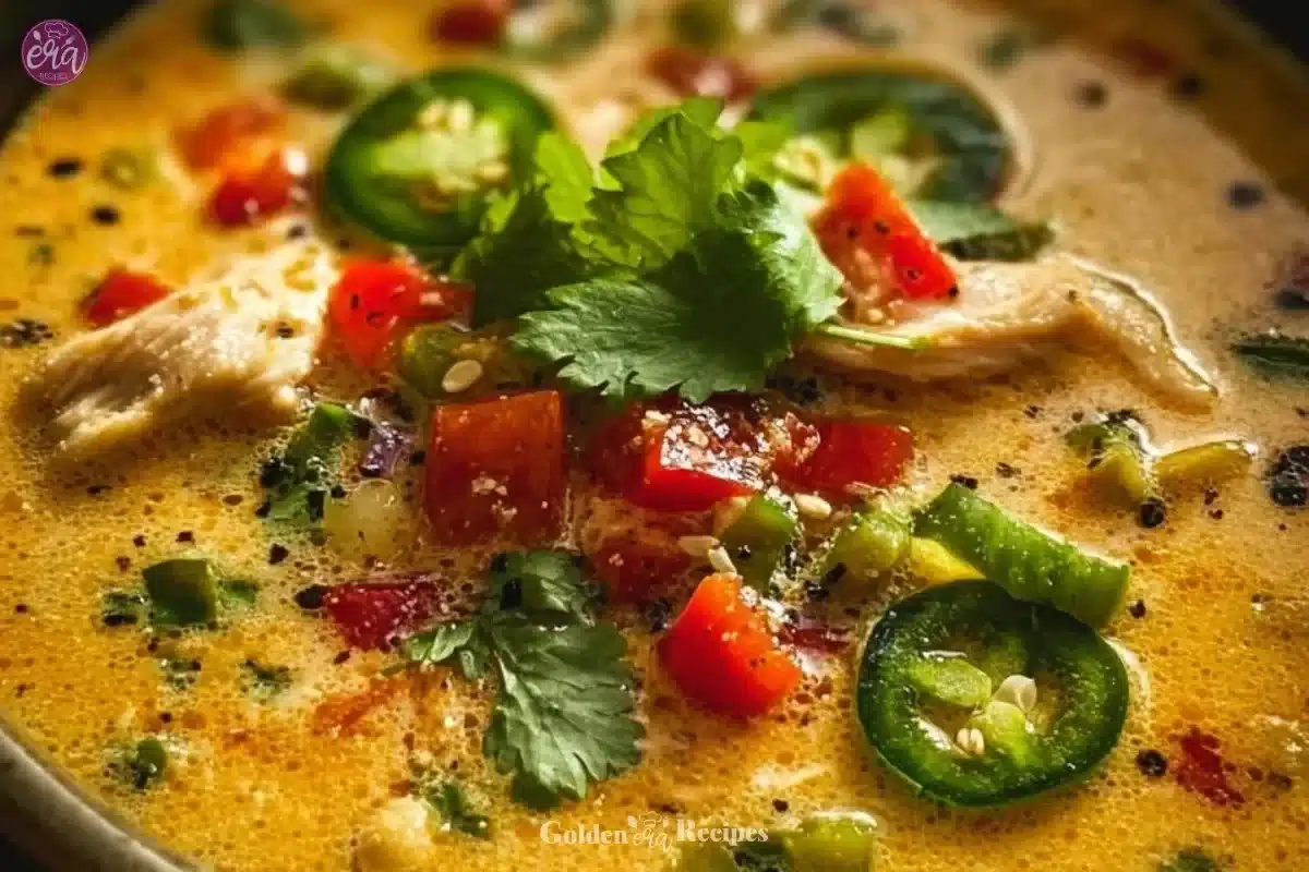 Bowl of spicy jalapeño popper chicken soup topped with cheese and jalapeños