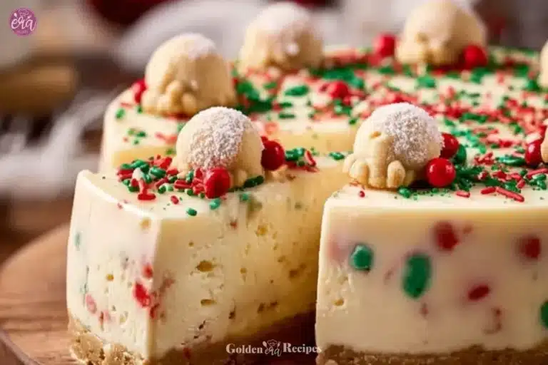 Slice of sugar cookie cheesecake topped with colorful sprinkles on a plate