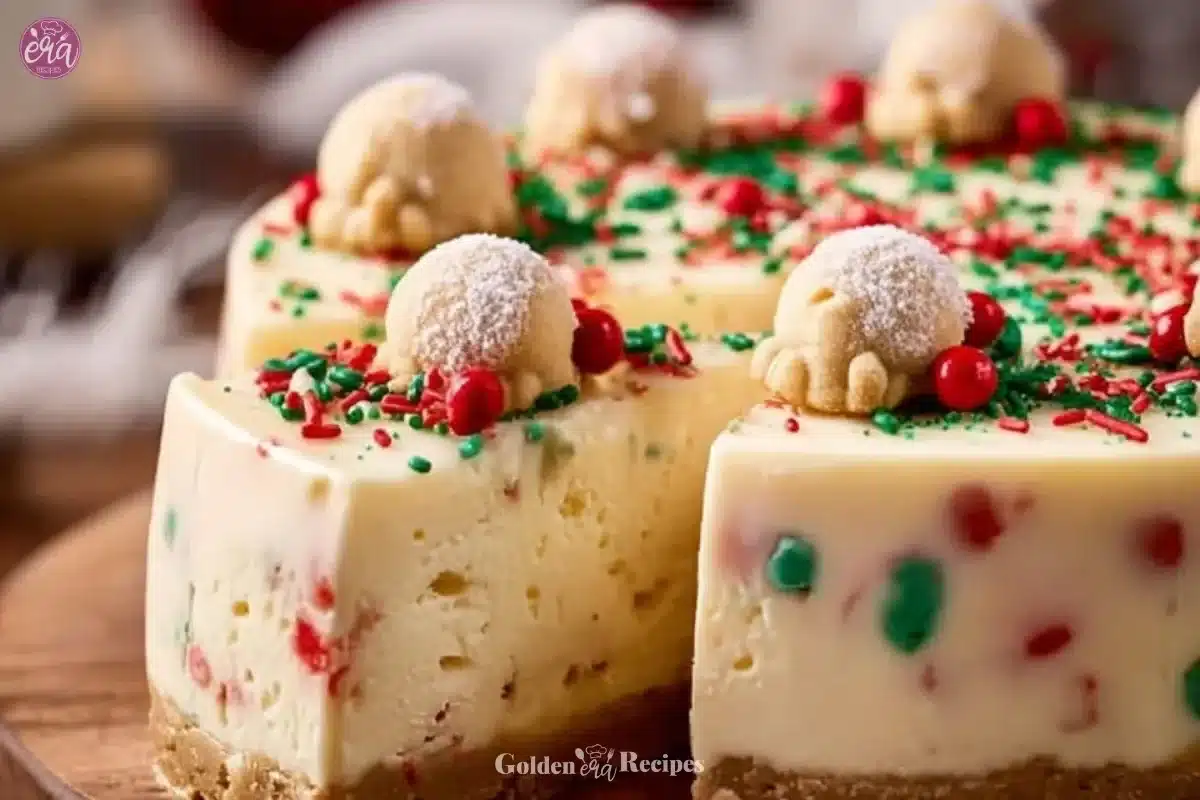 Slice of sugar cookie cheesecake topped with colorful sprinkles on a plate