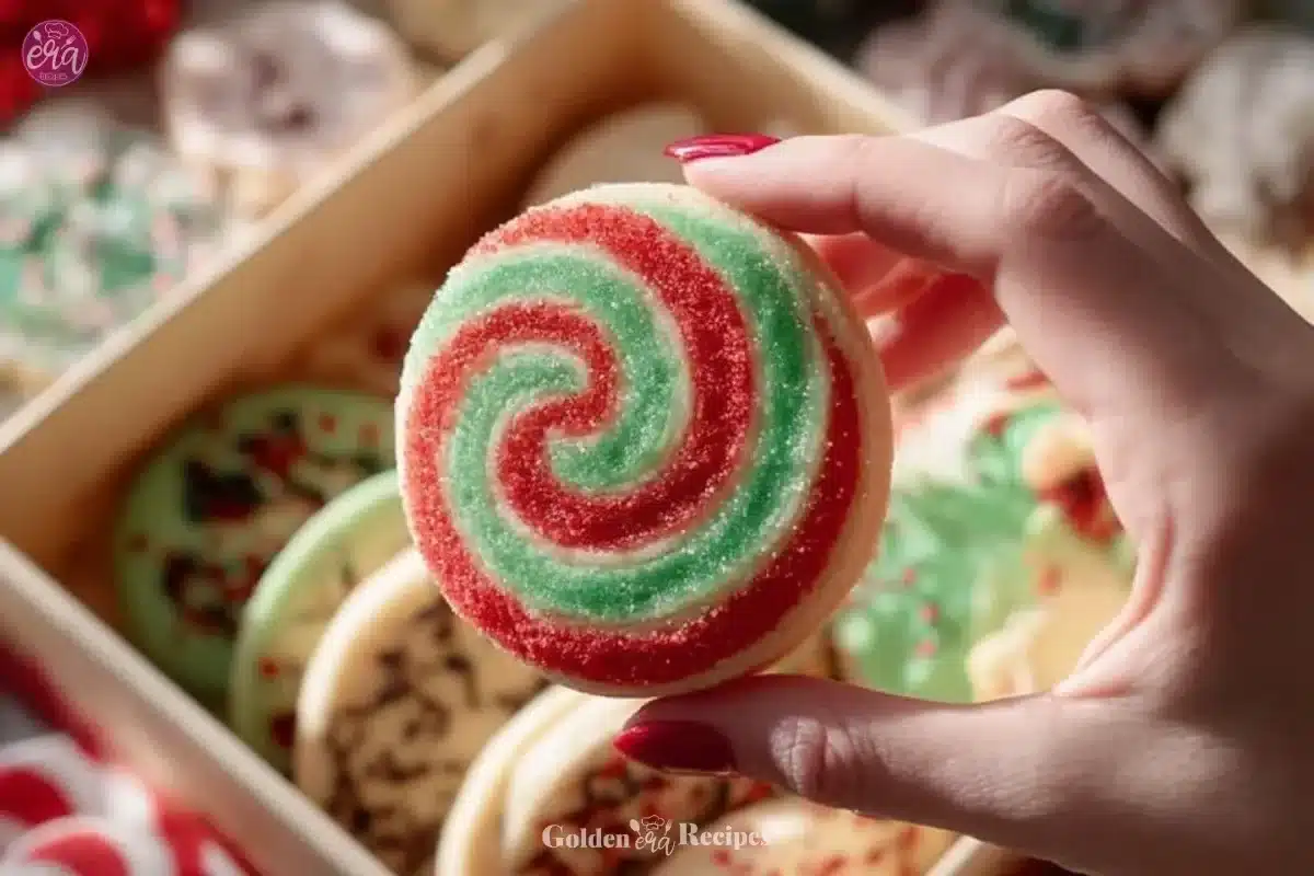 Swirled Christmas cookies decorated for the holiday season