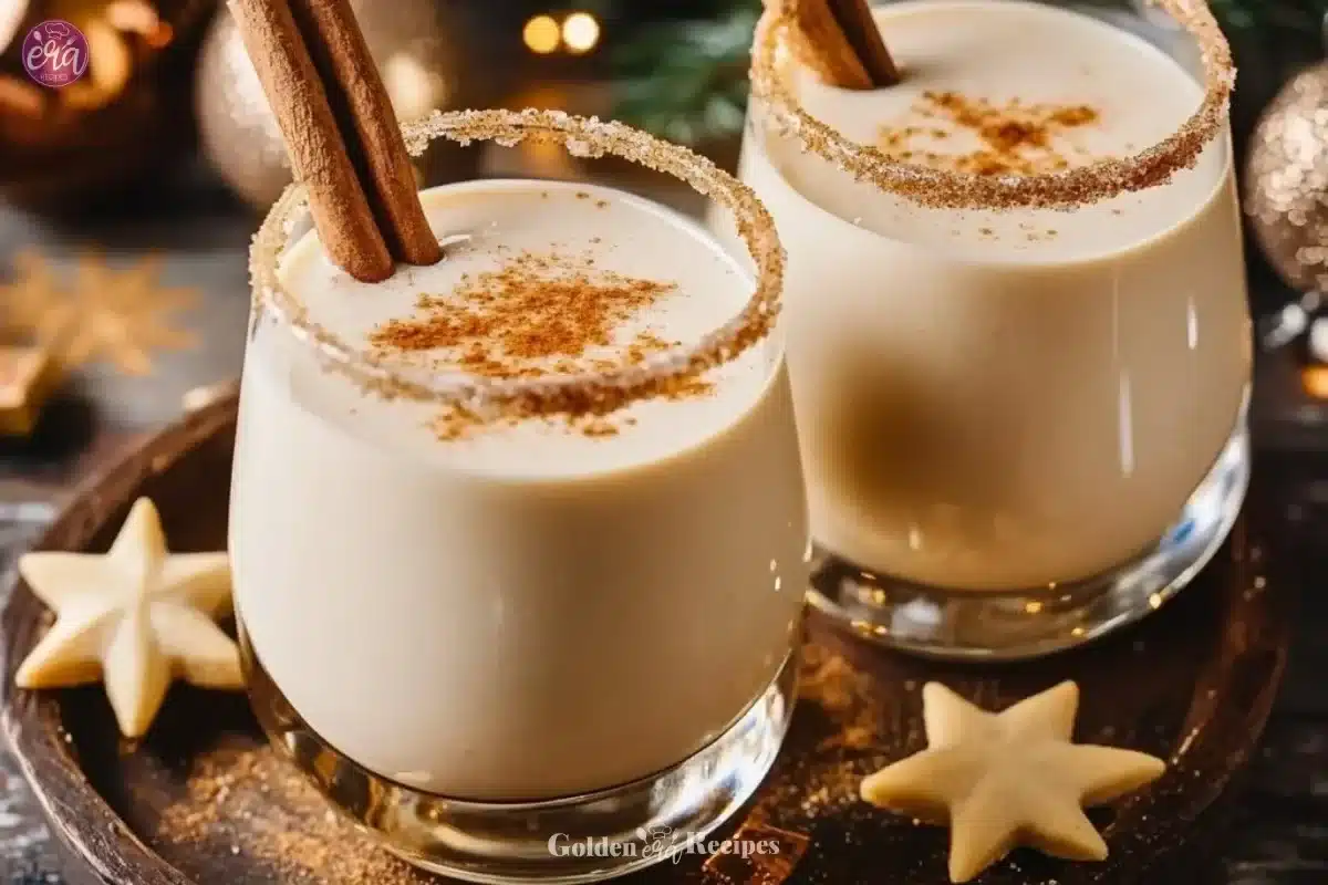 Delicious glass of homemade vegan eggnog topped with cinnamon.