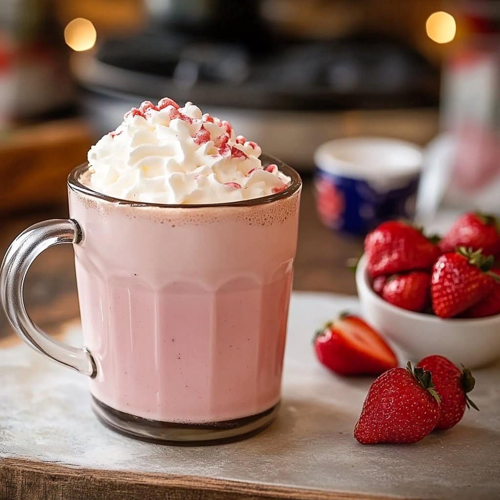 Strawberry White Hot Chocolate with Homemade Whipped Cream