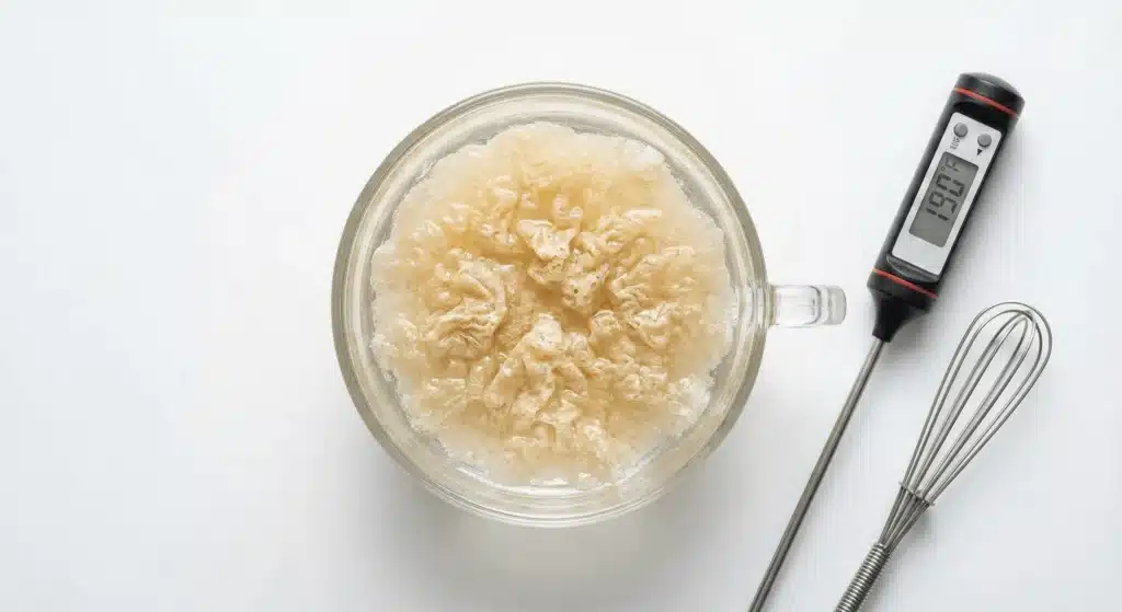 Gelatin powder absorbing cold water in a glass, creating a sponge-like texture known as "blooming.