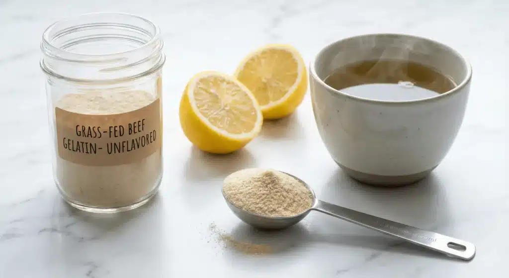 The essential ingredients for the weight loss protocol: grass-fed gelatin powder, lemon, and herbal tea.