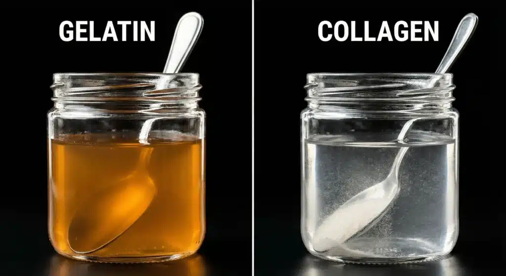 Side-by-side comparison showing gelatin forming a solid gel versus collagen peptides dissolving into a clear liquid.
