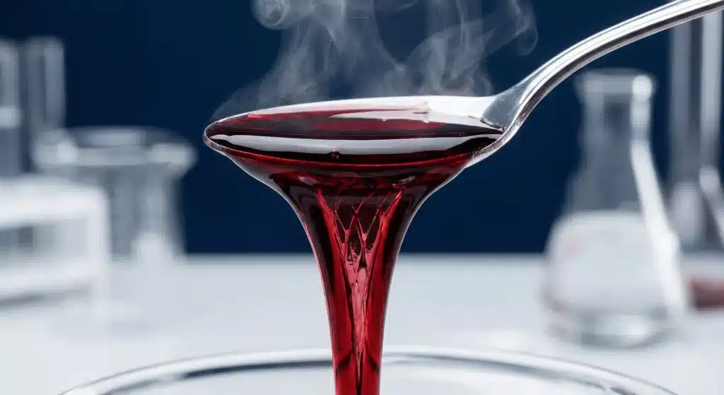 A spoon lifting thick, viscous gelatin tea, demonstrating the hydrogel properties that trap water in the stomach.