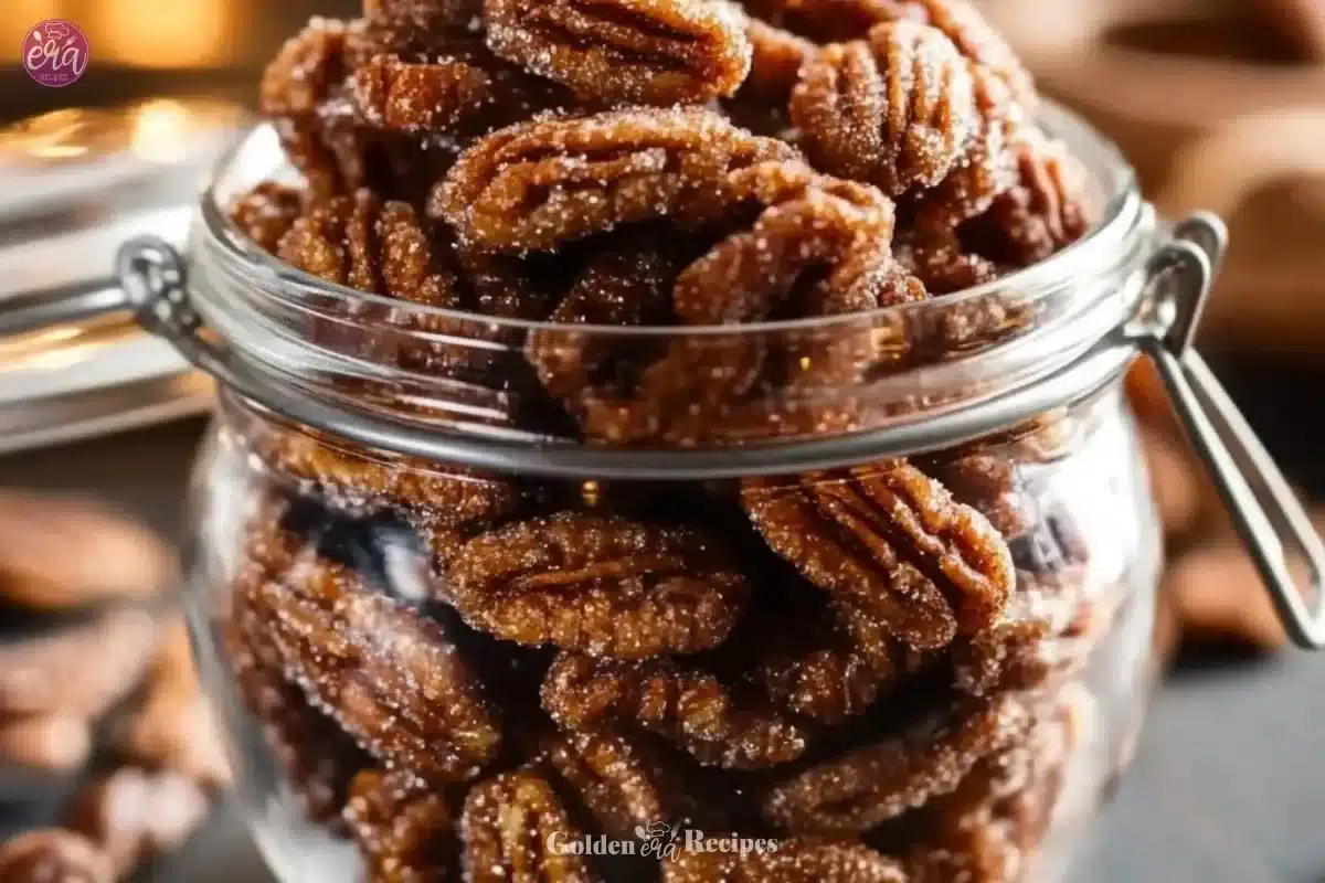 Delicious homemade candied pecans on a baking sheet