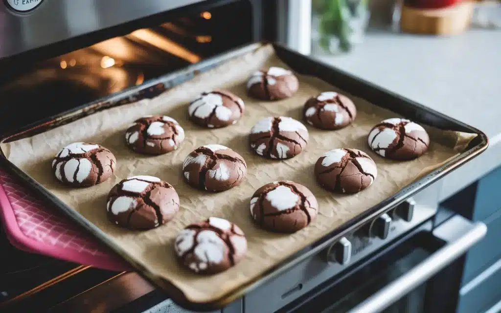 Freshly baked chocolate crinkle cookies on parchment-lined baking sheet showing perfect cracks