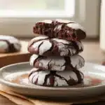 Chocolate crinkle cookies with dramatic powdered sugar cracks on white plate