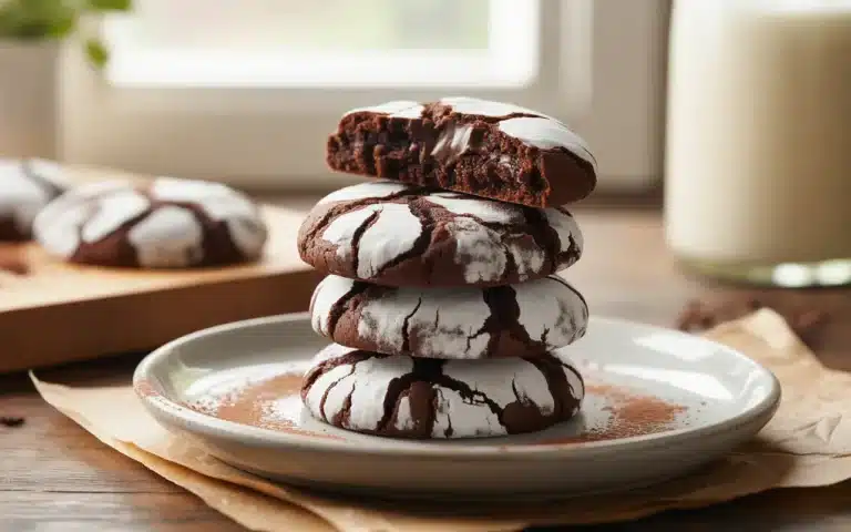 Chocolate crinkle cookies with dramatic powdered sugar cracks on white plate