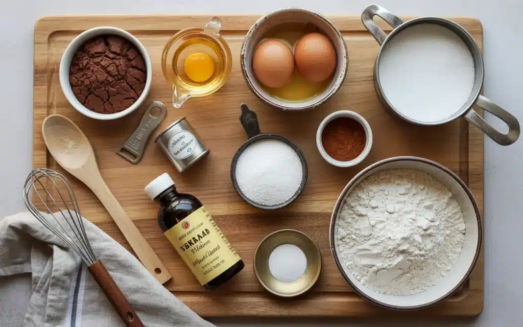 Chocolate crinkle cookie ingredients laid out including cocoa powder, melted butter, eggs, and espresso powder
