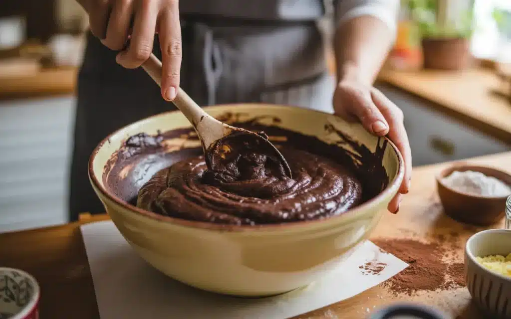 Hands mixing dark chocolate cookie dough in ceramic bowl with wooden spoon