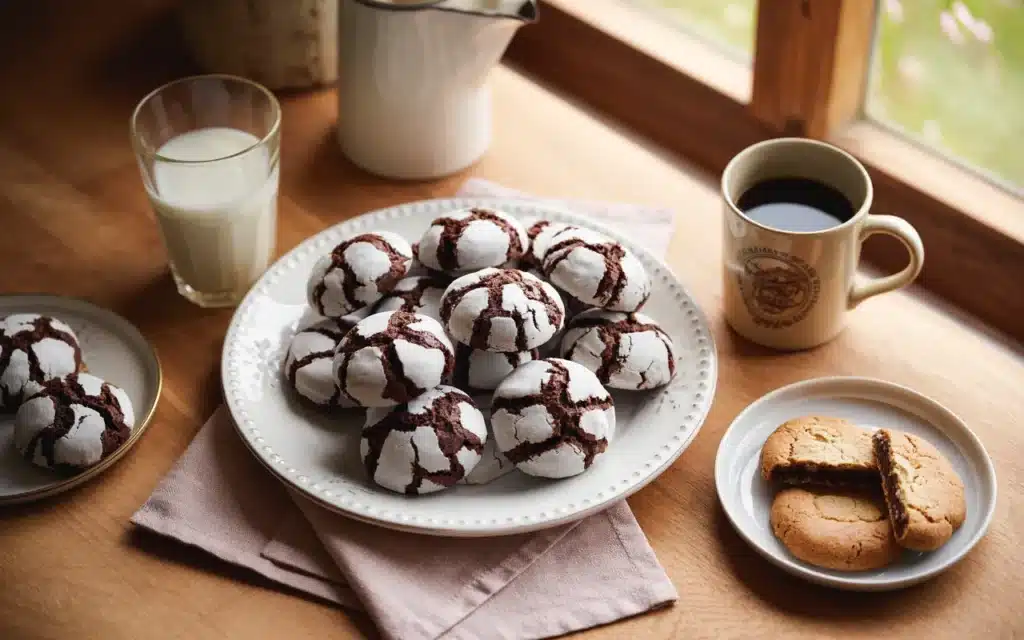 Platter of chocolate crinkle cookies with milk and coffee in Nashville kitchen