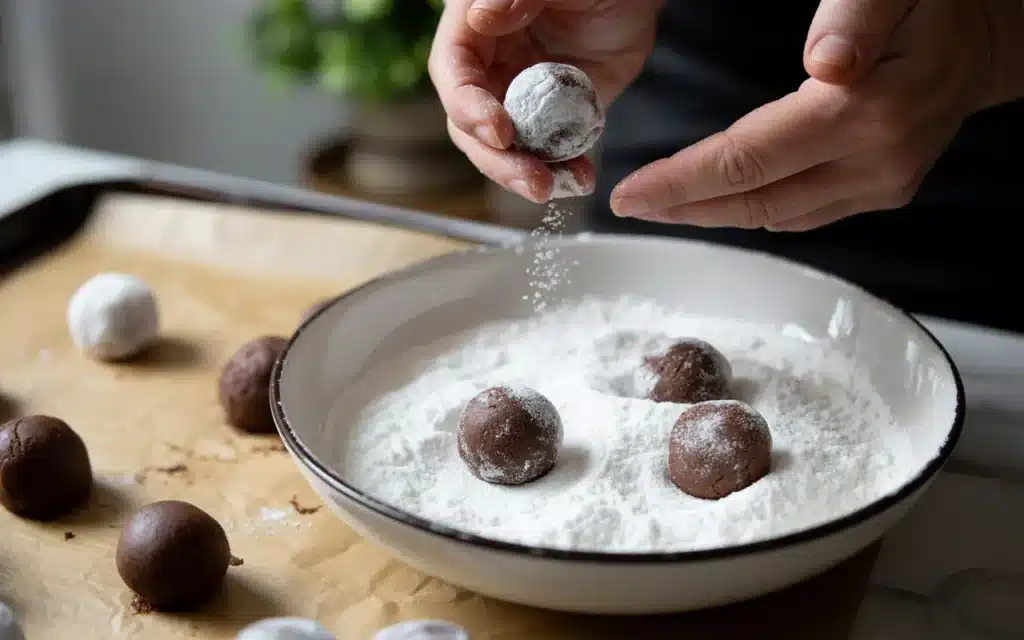 Chocolate dough balls being rolled in powdered sugar before baking