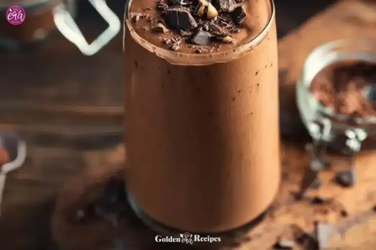 A creamy Chocolate Peanut Butter Smoothie in a glass topped with chocolate shavings.