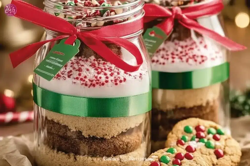 Christmas Cookies in a Jar 1 Jars of colorful Christmas cookies in a festive holiday setting