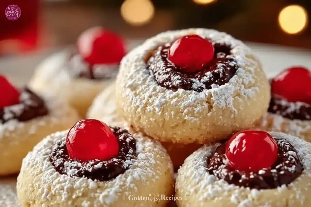 Christmas Maraschino Cherry Shortbread Cookies on a festive plate