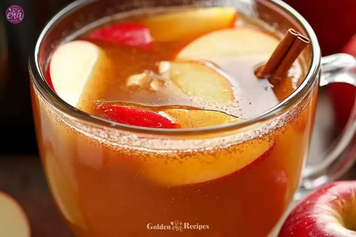 Cinnamon Crockpot Apple Cider in a decorative jug with spices and apples