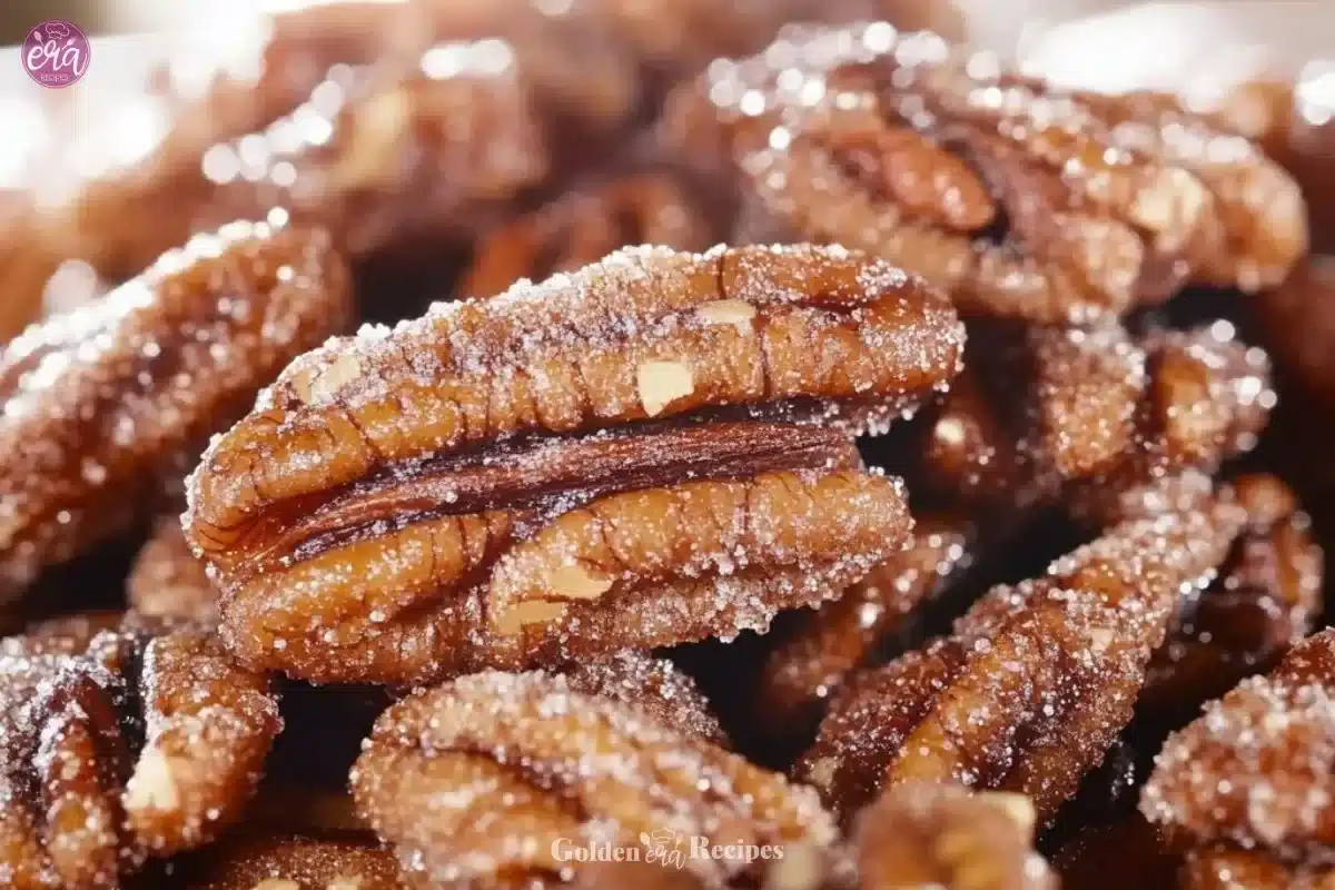 Bowl of homemade cinnamon sugar pecans fresh from the oven