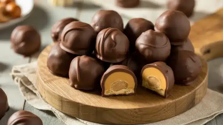 Delicious Buckeyes: peanut butter balls dipped in chocolate, made with 5 ingredients.