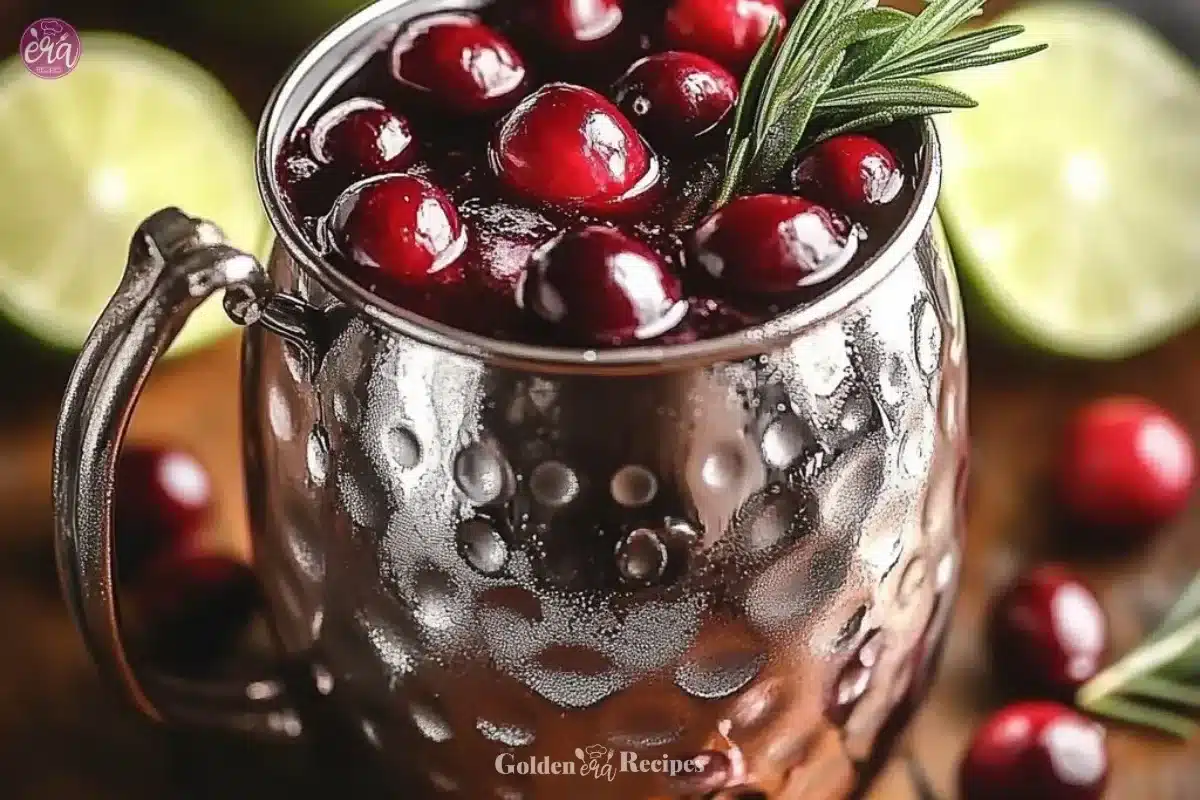 Cranberry Moscow Mule Pitcher with fresh cranberries and lime garnish