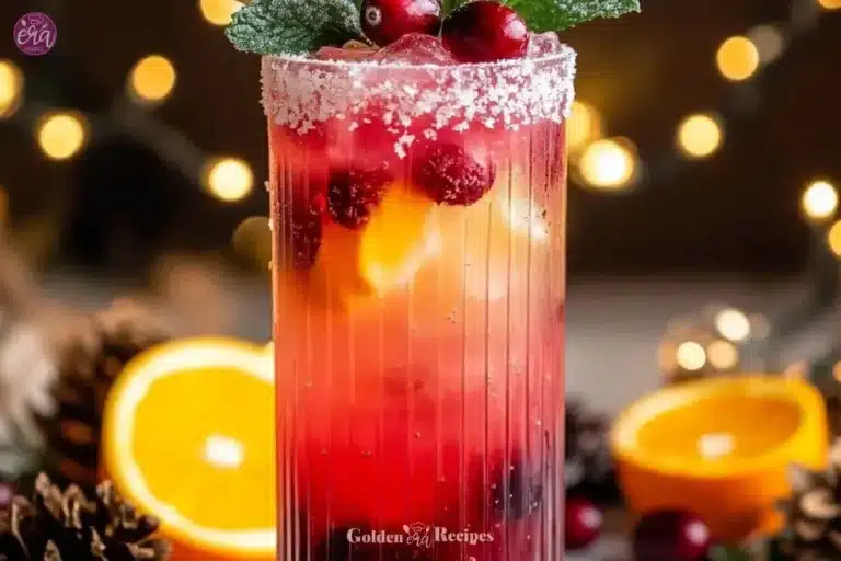 Cranberry Orange Sparkler Mocktail 5 Glass of Cranberry Orange Sparkler Mocktail garnished with orange slices and cranberries.