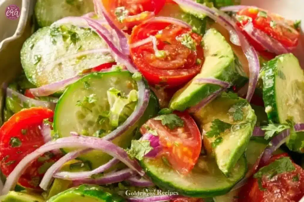 Cucumber Tomato Avocado Salad with fresh ingredients in a bowl