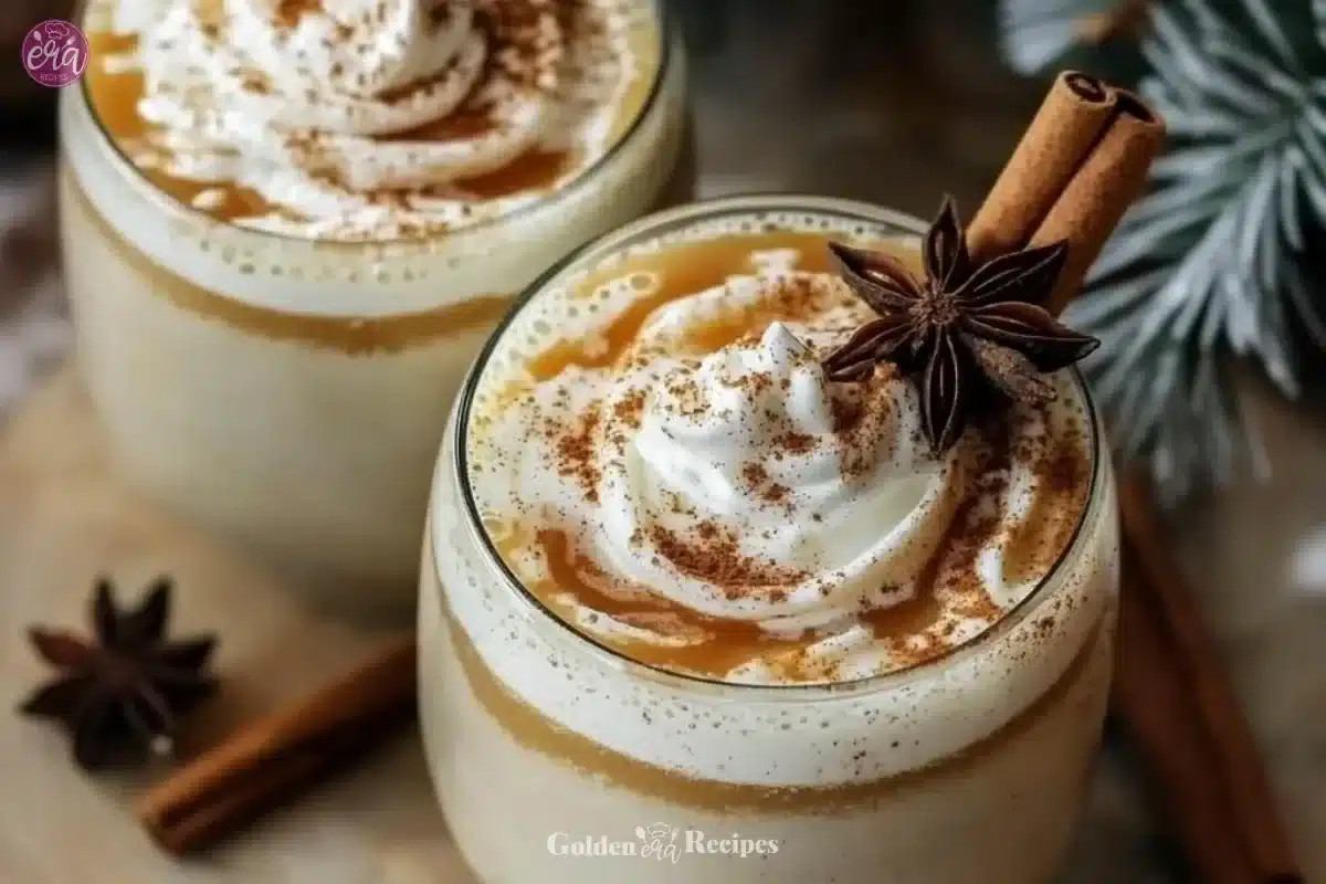 A glass of creamy dairy free egg nog topped with nutmeg and cinnamon.