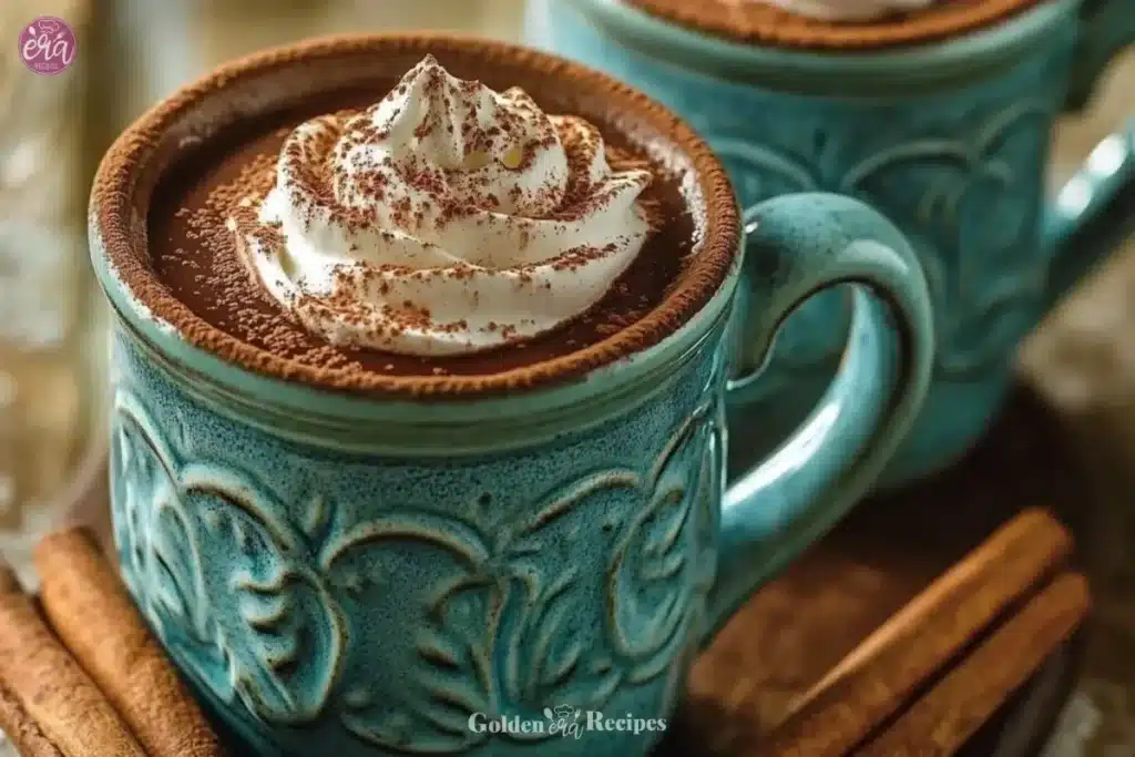 Easy Mexican Hot Chocolate Recipe 1 A steaming cup of easy Mexican hot chocolate topped with whipped cream and chocolate shavings.