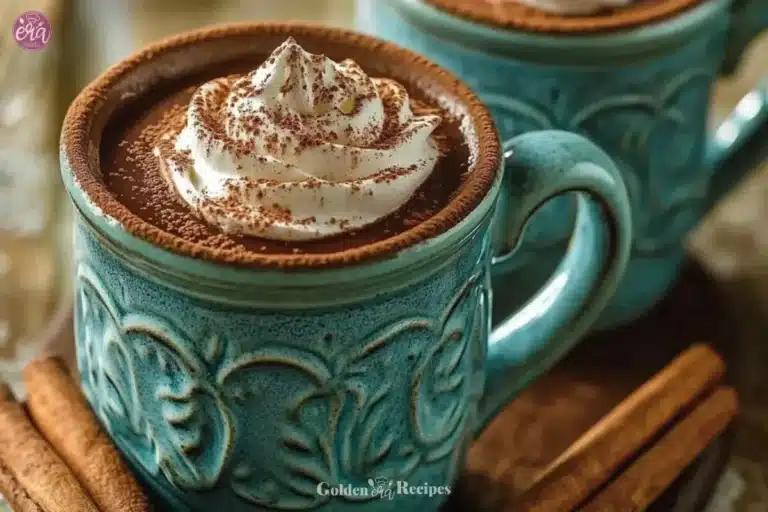 A steaming cup of easy Mexican hot chocolate topped with whipped cream and chocolate shavings.