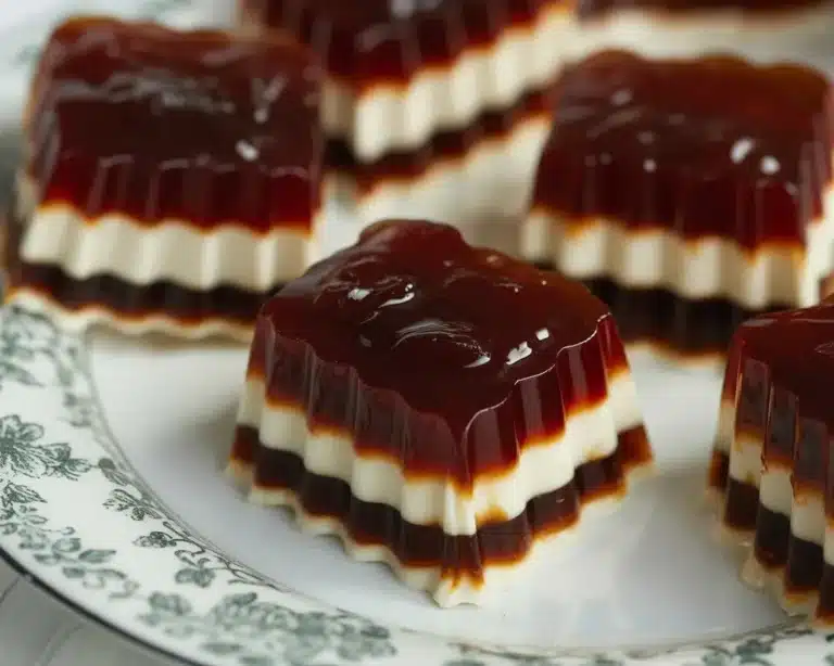 Espresso Martini Jello Shots for Coffee Lovers 8 Espresso martini jello shots filled with coffee and vodka in clear molds.