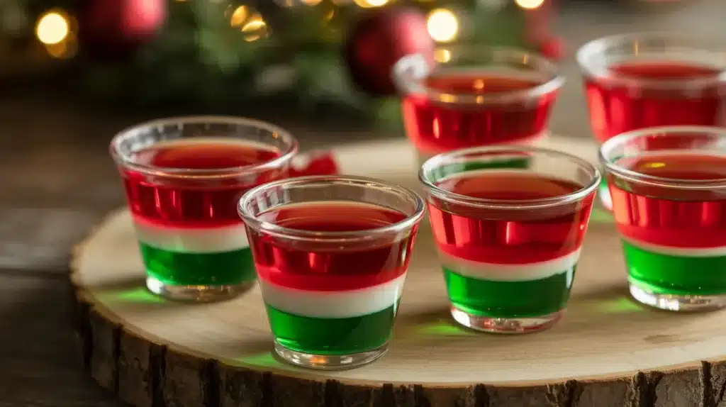 Festive Christmas jello shots layered with red and green gelatin and whipped cream.
