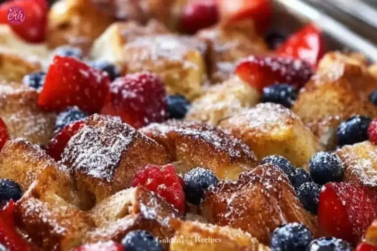 French Toast Casserole 9 Baked French Toast Casserole topped with syrup and fruit, a delicious breakfast dish.