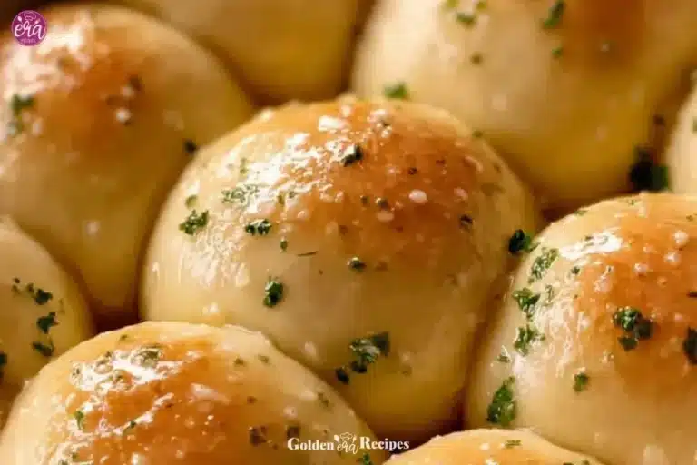 Freshly baked garlic bread rolls with herbs and butter, served on a wooden platter.